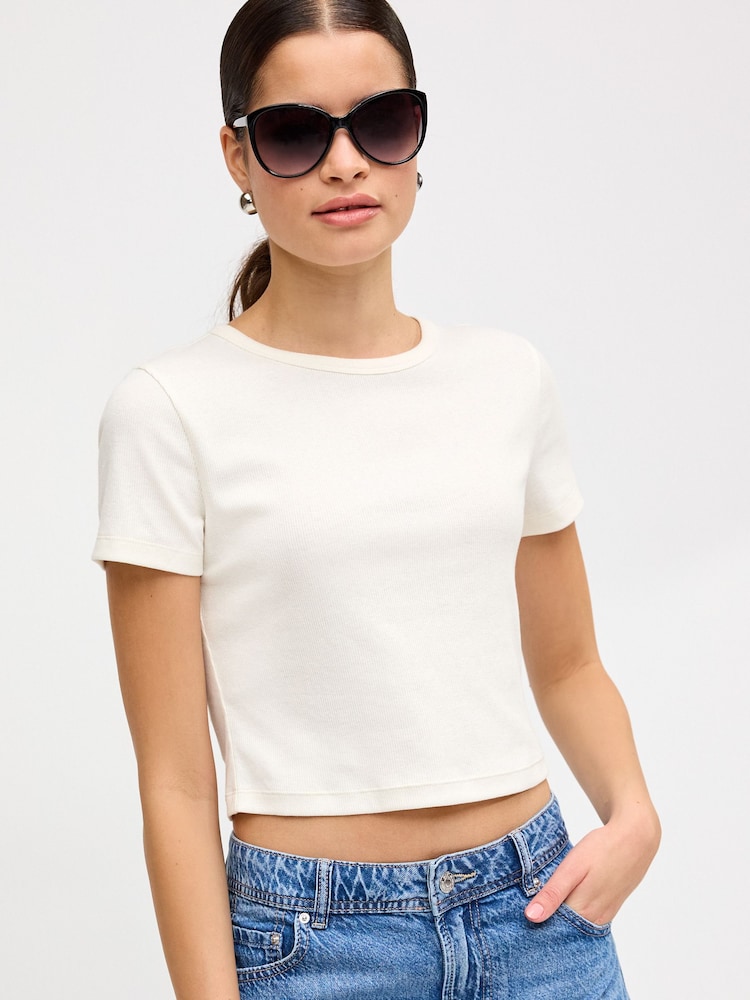 Ecru White Slim Fit Ribbed Short Sleeve Crew Neck T-Shirt - Image 1 of 6
