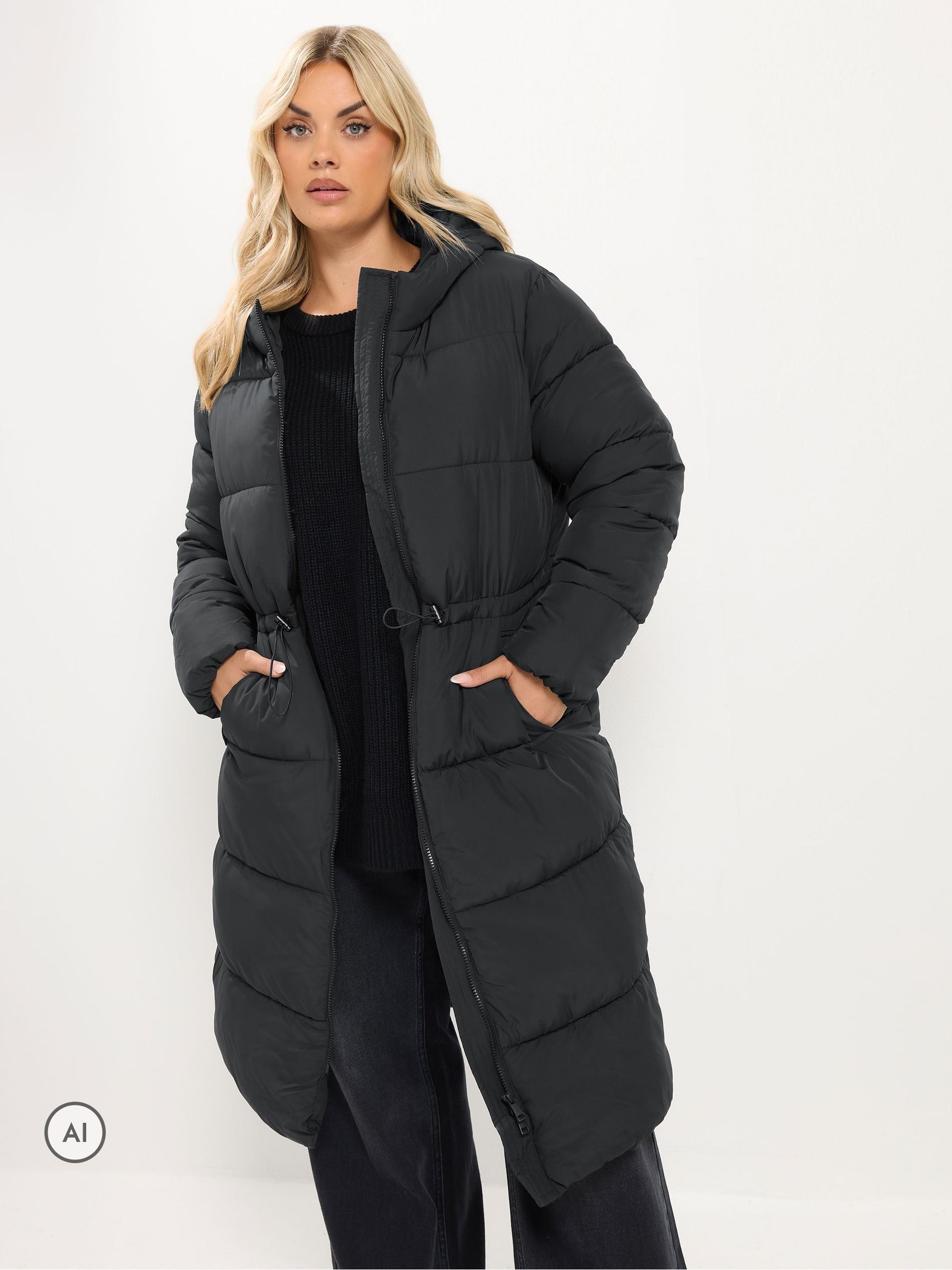 Yours Women's Black Longline Puffer Coat In | : 30/32 - Image 2