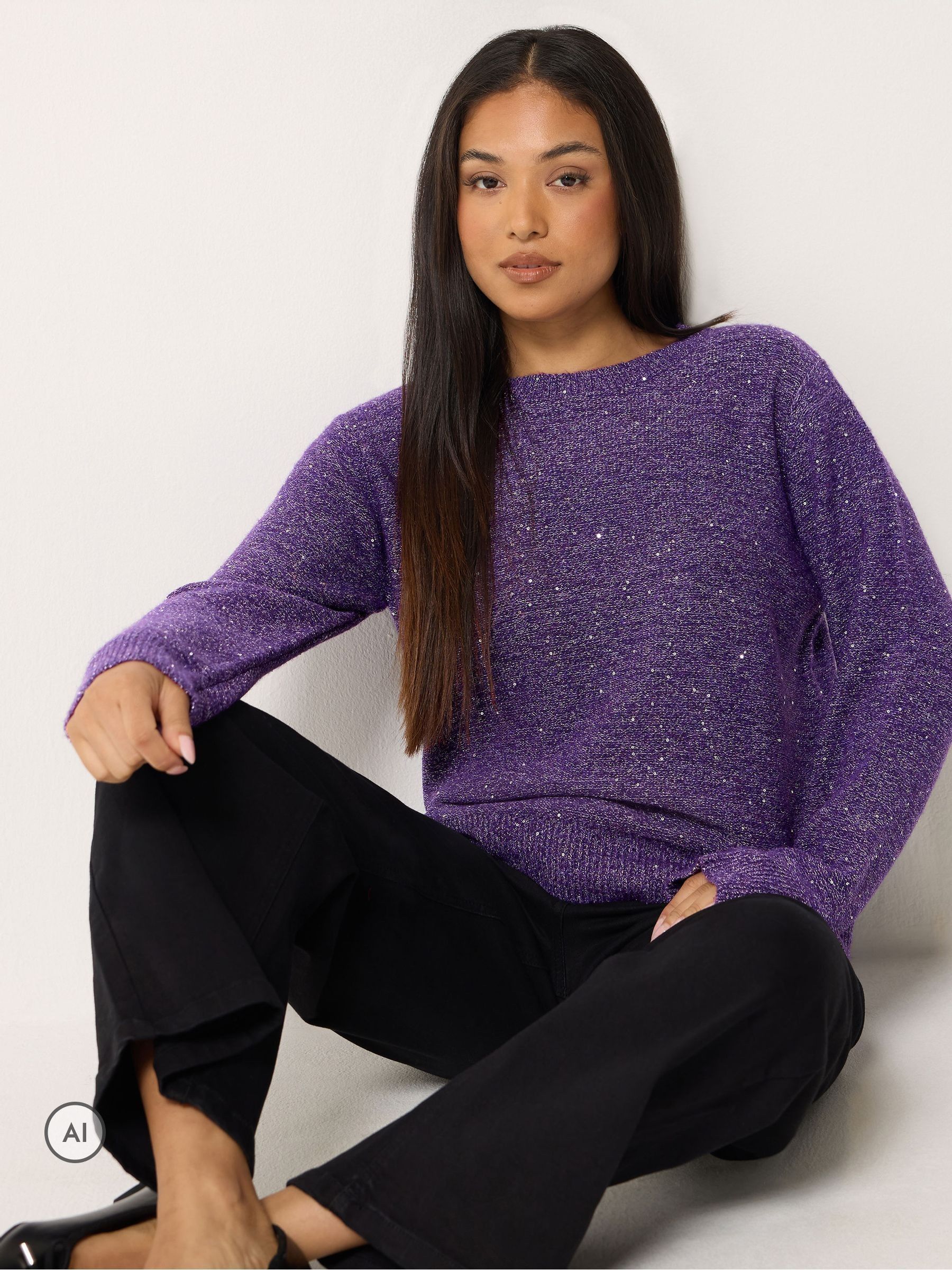 M & Co Women's Purple Petite Sequin Crew Neck Jumper