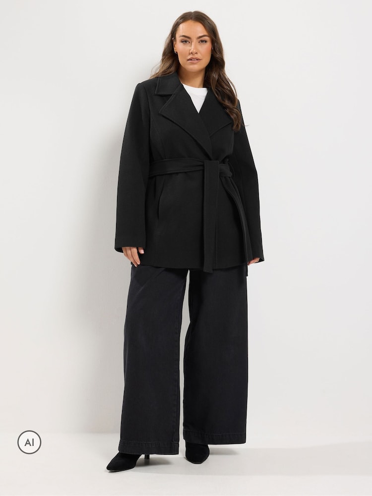 Yours Curve Black Short Wrap Coat - Image 2 of 6 Yours Curve Black Short Wrap Coat - Image 2 of 6