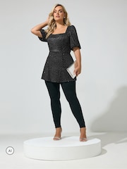 Yours Curve Black Metallic Studded Peplum Top - Image 2 of 6