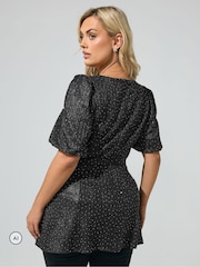 Yours Curve Black Metallic Studded Peplum Top - Image 3 of 6