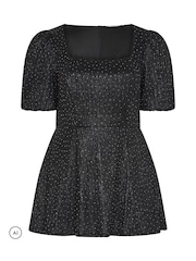 Yours Curve Black Metallic Studded Peplum Top - Image 5 of 6