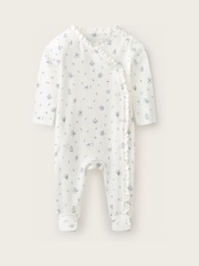 The White Company Blue Pointelle Minnie Floral Frill Wrap Sleepsuit - Image 1 of 4