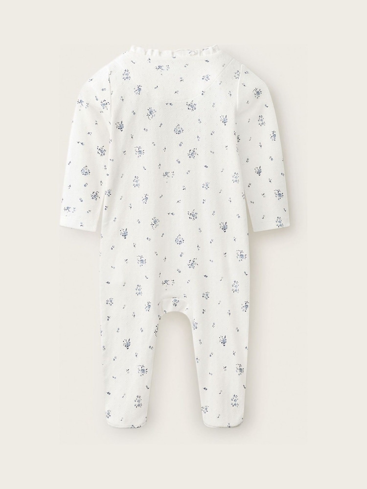 The White Company Blue Pointelle Minnie Floral Frill Wrap Sleepsuit - Image 2 of 4