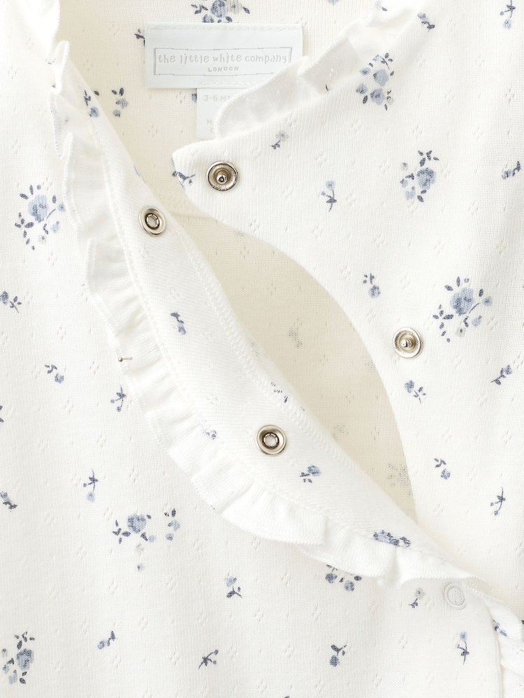The White Company Blue Pointelle Minnie Floral Frill Wrap Sleepsuit - Image 4 of 4