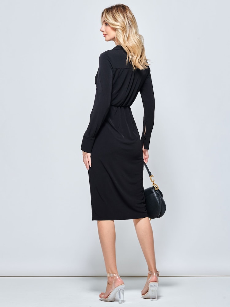 Jolie Moi Black Long Sleeve Wrap Midi Shirt Dress - Image 2 of 5