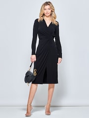 Jolie Moi Black Long Sleeve Wrap Midi Shirt Dress - Image 3 of 5