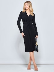 Jolie Moi Black Long Sleeve Wrap Midi Shirt Dress - Image 4 of 5