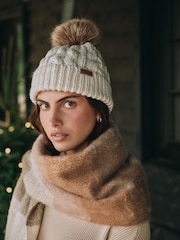 Barbour® Cream Penshaw Cable Knit Faux Fur Pom Beanie Logo Hat - Image 1 of 7