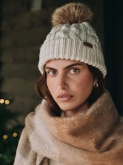 Barbour® Cream Penshaw Cable Knit Faux Fur Pom Beanie Logo Hat - Image 2 of 7