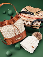 Barbour® Cream Penshaw Cable Knit Faux Fur Pom Beanie Logo Hat - Image 3 of 7