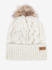 Barbour® Cream Penshaw Cable Knit Faux Fur Pom Beanie Logo Hat - Image 4 of 7