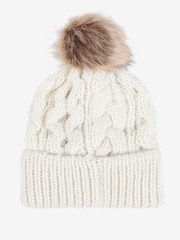 Barbour® Cream Penshaw Cable Knit Faux Fur Pom Beanie Logo Hat - Image 5 of 7