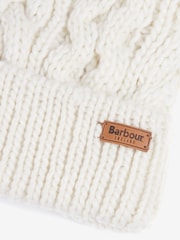 Barbour® Cream Penshaw Cable Knit Faux Fur Pom Beanie Logo Hat - Image 6 of 7