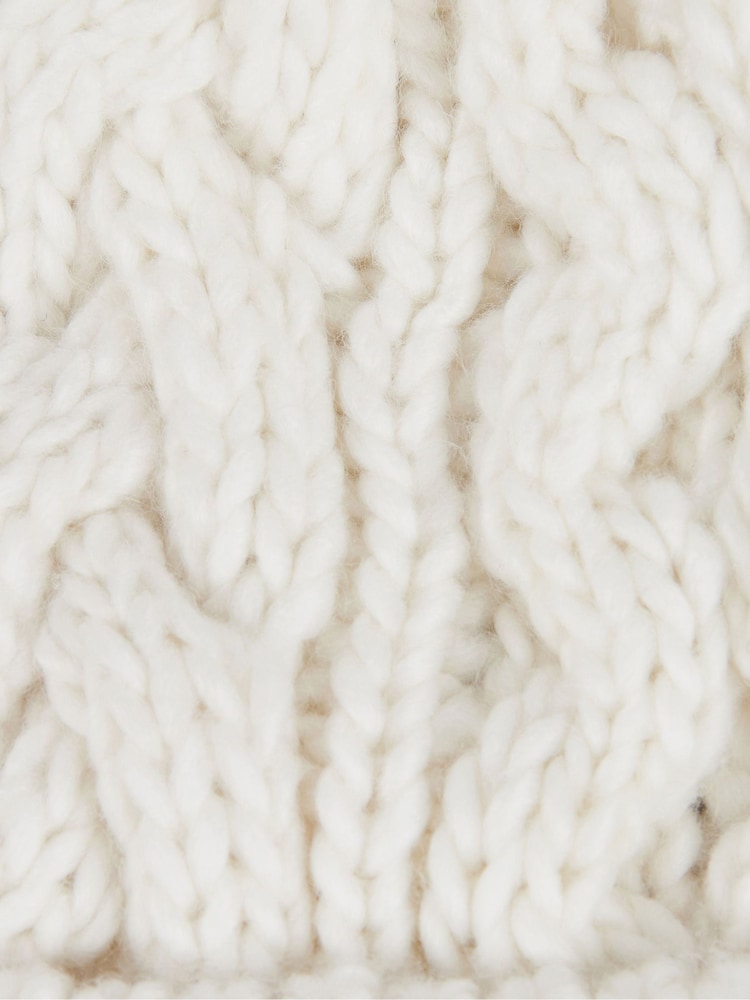 Barbour® Cream Penshaw Cable Knit Faux Fur Pom Beanie Logo Hat - Image 7 of 7
