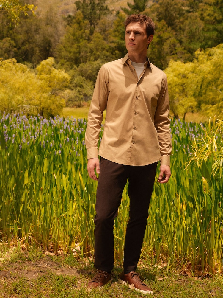 Neutral Brown Slim Fit Single Cuff Four Way Stretch Shirt - Image 2 of 8
