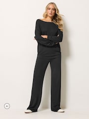 Long Tall Sally Black Loopback Wide Leg Trousers - Image 1 of 6