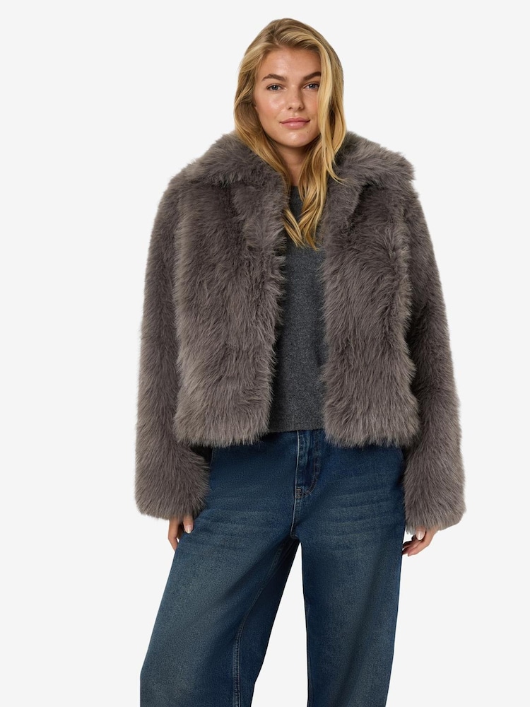 NOISY MAY Grey Fur Jacket - Image 1 of 5 NOISY MAY Grey Fur Jacket - Image 1 of 5