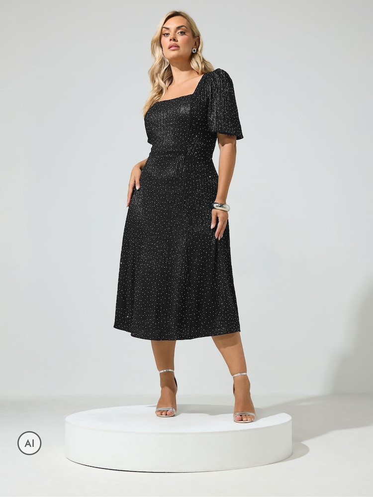 Yours Curve Black Metallic Studded Skater Dress - Image 1 of 6