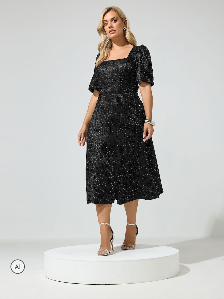Yours Curve Black Metallic Studded Skater Dress - Image 2 of 6