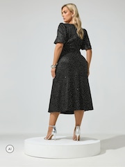 Yours Curve Black Metallic Studded Skater Dress - Image 3 of 6