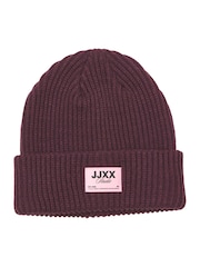 JJXX Purple Ribbed Beanie in Burgundy with Contrast Patch - Image 2 of 5