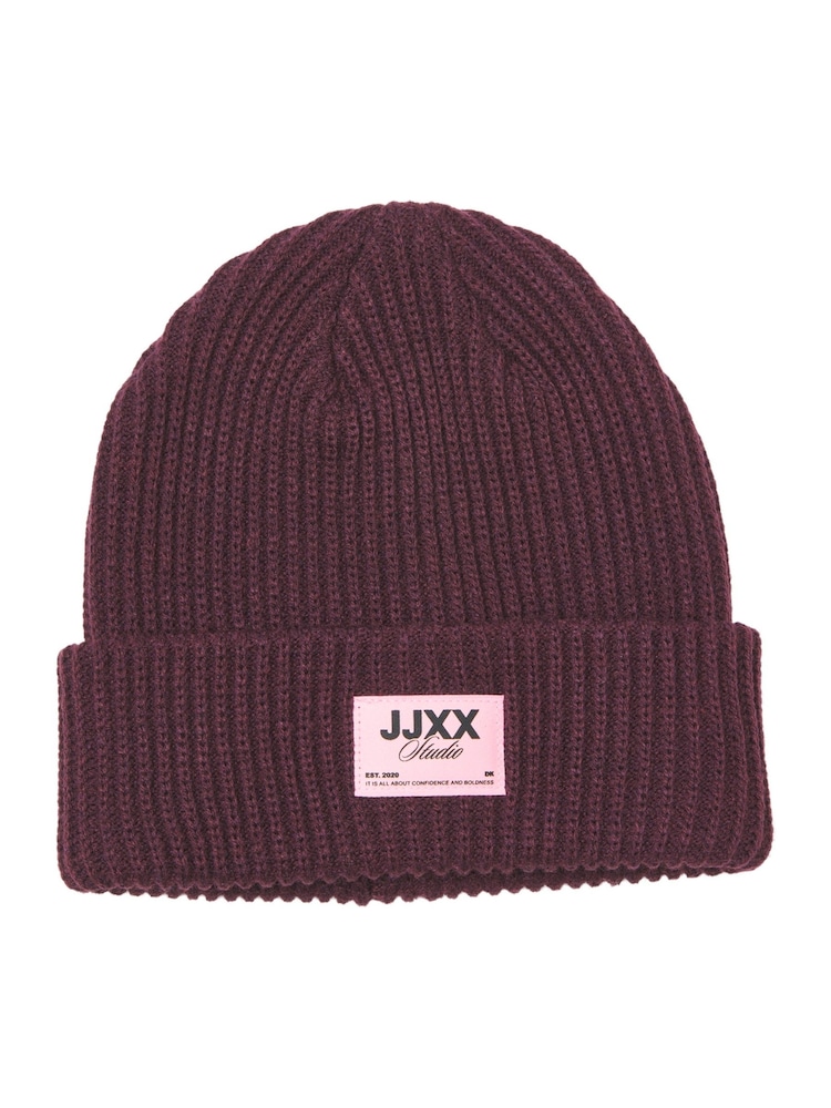 JJXX Purple Ribbed Beanie in Burgundy with Contrast Patch - Image 2 of 5