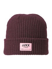JJXX Purple Ribbed Beanie in Burgundy with Contrast Patch - Image 4 of 5