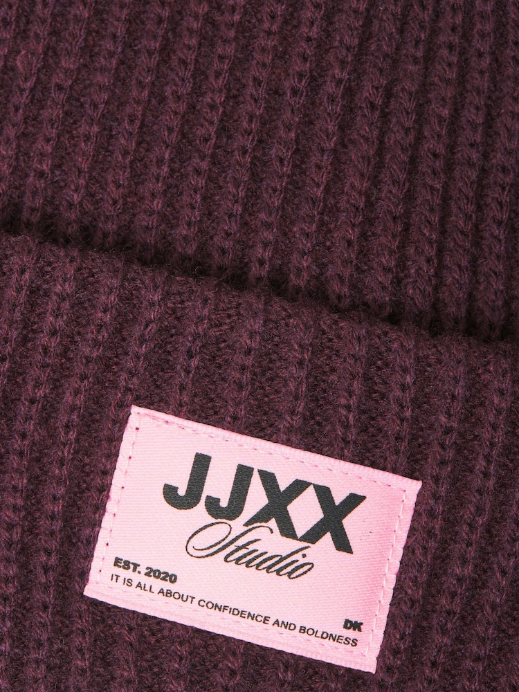 JJXX Purple Ribbed Beanie in Burgundy with Contrast Patch - Image 5 of 5