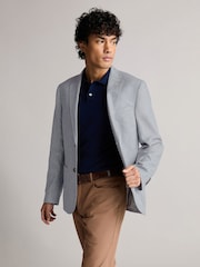 Chambray Blue Slim Fit Textured Linen Blend Blazer - Image 1 of 11