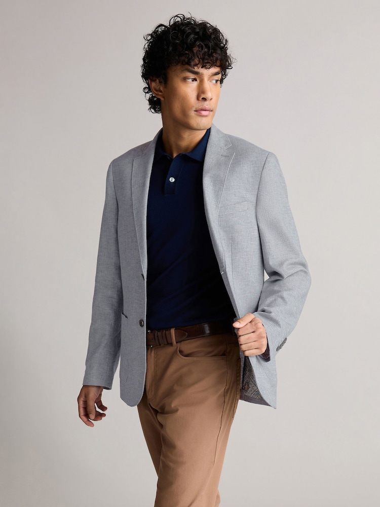 Chambray Blue Slim Fit Textured Linen Blend Blazer - Image 1 of 11