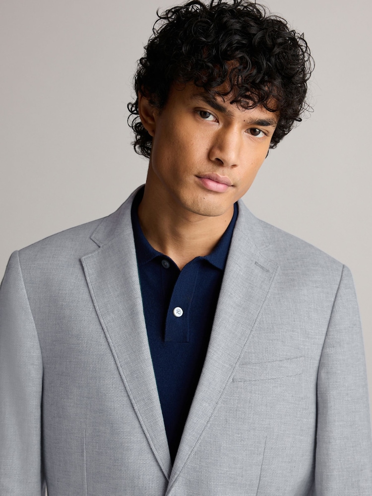 Chambray Blue Slim Fit Textured Linen Blend Blazer - Image 4 of 11