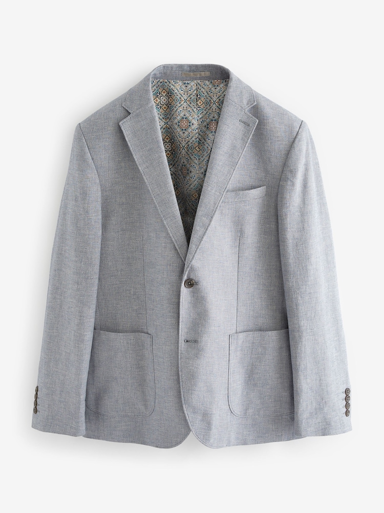 Chambray Blue Slim Fit Textured Linen Blend Blazer - Image 7 of 11