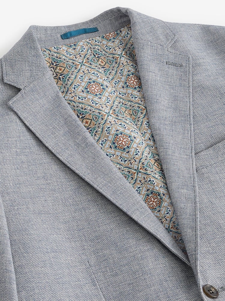 Chambray Blue Slim Fit Textured Linen Blend Blazer - Image 8 of 11