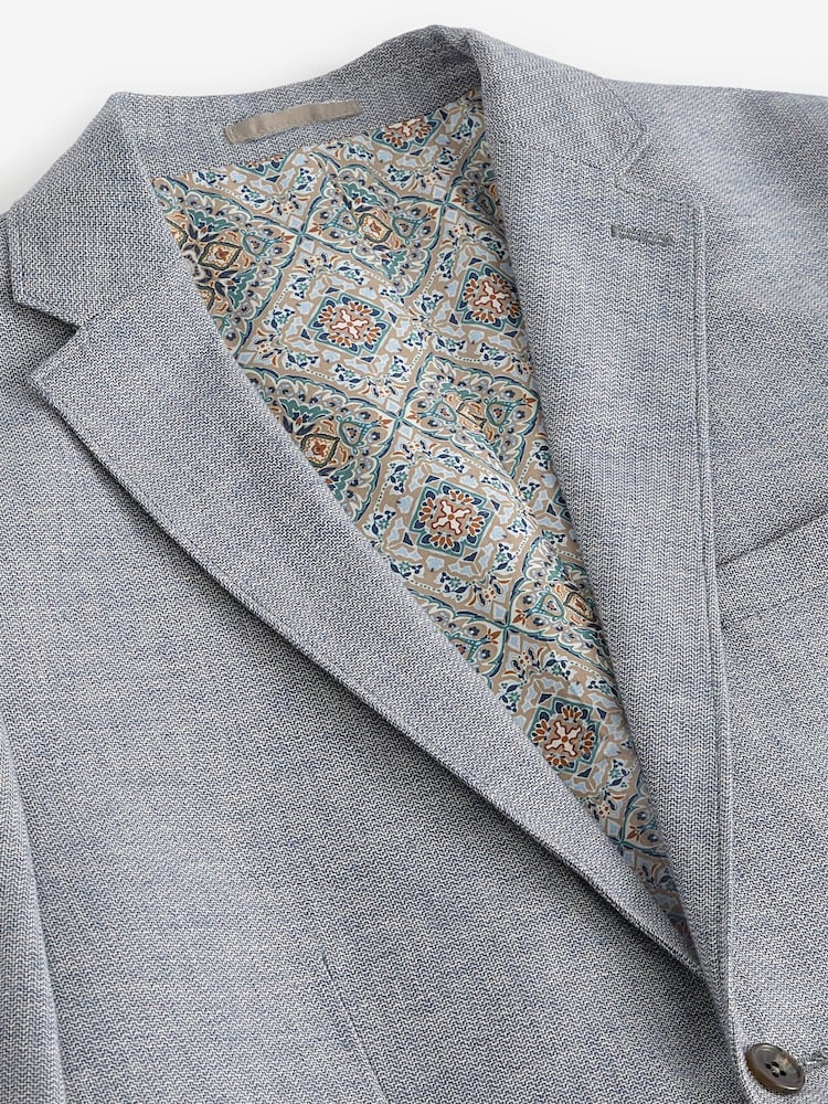 Chambray Blue Slim Fit Textured Linen Blend Blazer - Image 9 of 11