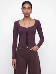 JJXX Burgundy Long Sleeve Heart Neckline Bodysuit - Image 1 of 8