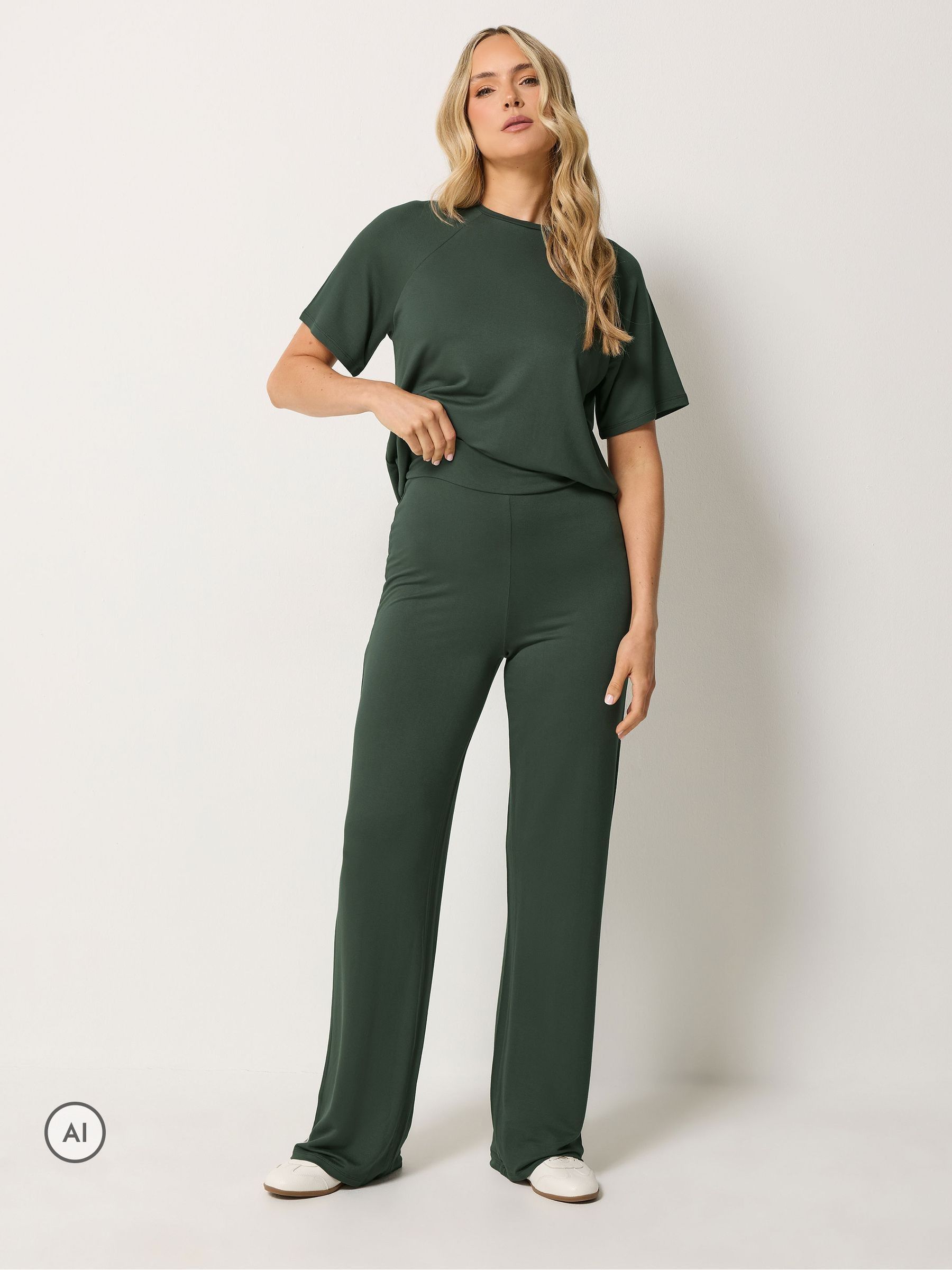 Long Tall Sally Women's Green Loopback Wide Leg Trousers - Image 1