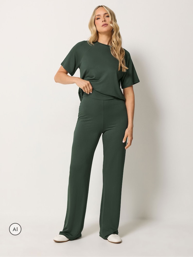 Long Tall Sally Green Loopback Wide Leg Trousers - Image 1 of 6 Long Tall Sally Green Loopback Wide Leg Trousers - Image 1 of 6