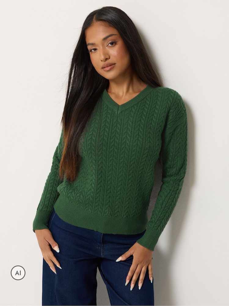 M&Co Green Petite V-Neck Mini Cable Jumper - Image 1 of 6