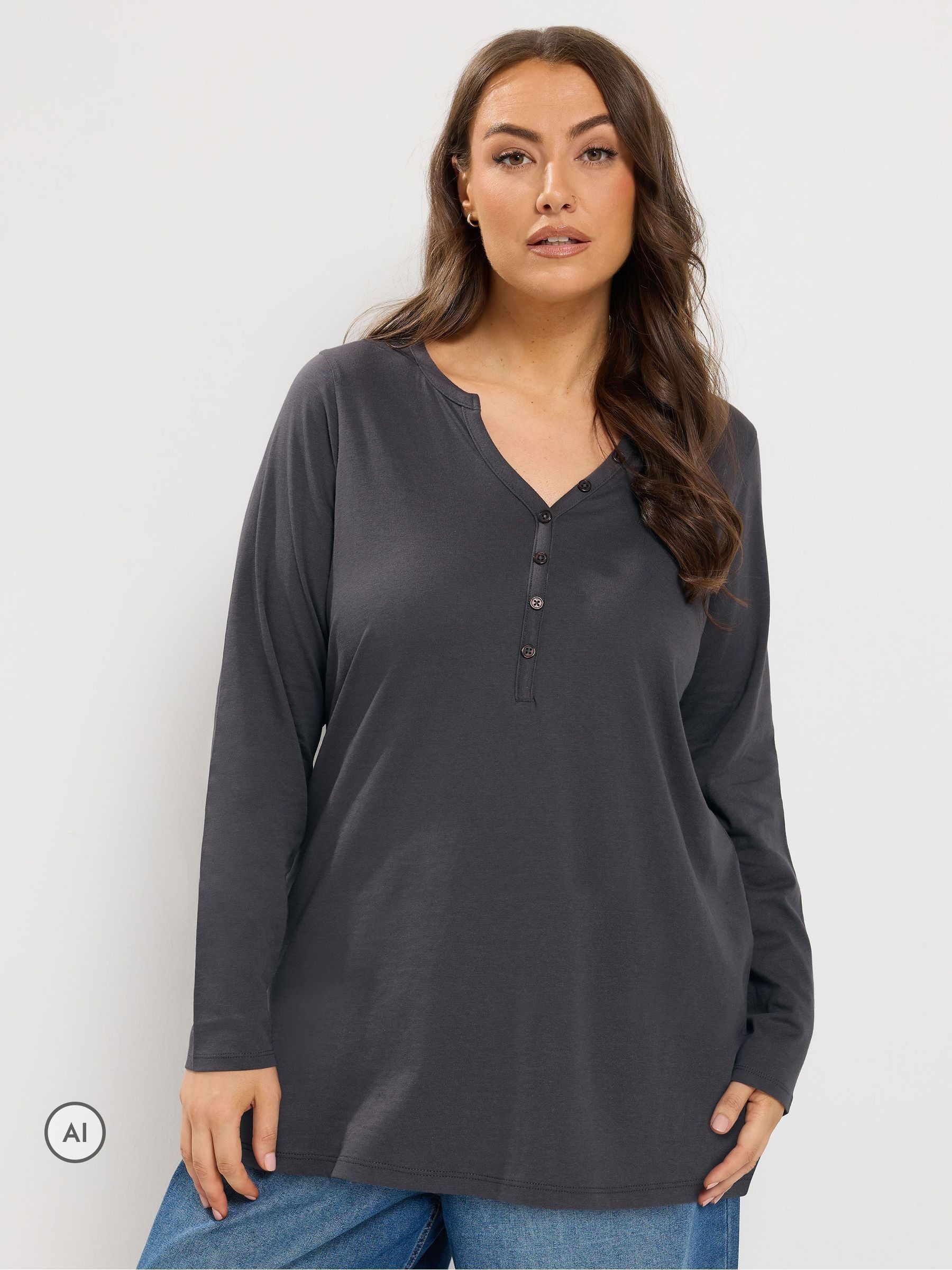Yours Women's Grey Henley Long Sleeve T-Shirt In | Size: 38/40 - Image 2