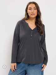 Yours Curve Grey Long Sleeve Henley Button T-Shirt - Image 1 of 6
