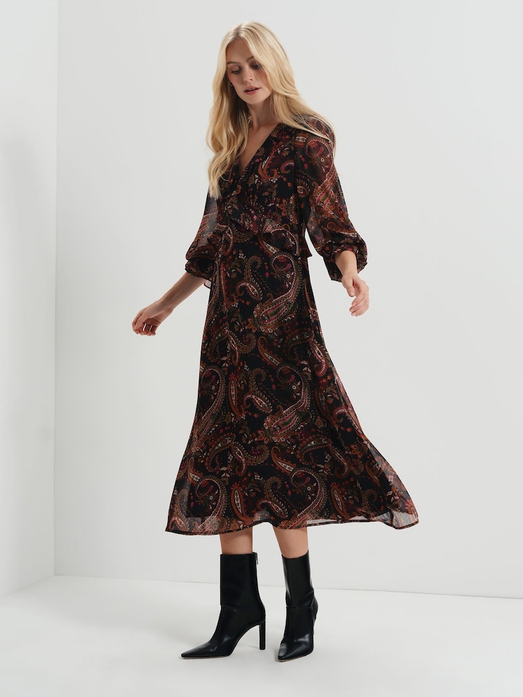 Finery Black Petite Veronica Chiffon Ruffle Midi Dress - Image 2 of 5 Finery Black Petite Veronica Chiffon Ruffle Midi Dress - Image 2 of 5