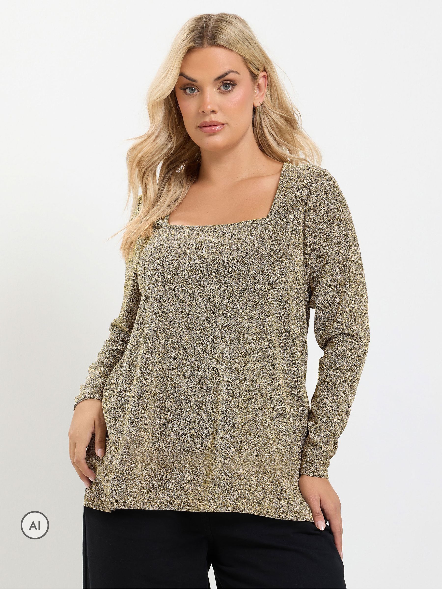 Yours Women's Metallic Gold Metallic Square Neck Top In | Size: 30-32 - Image 2
