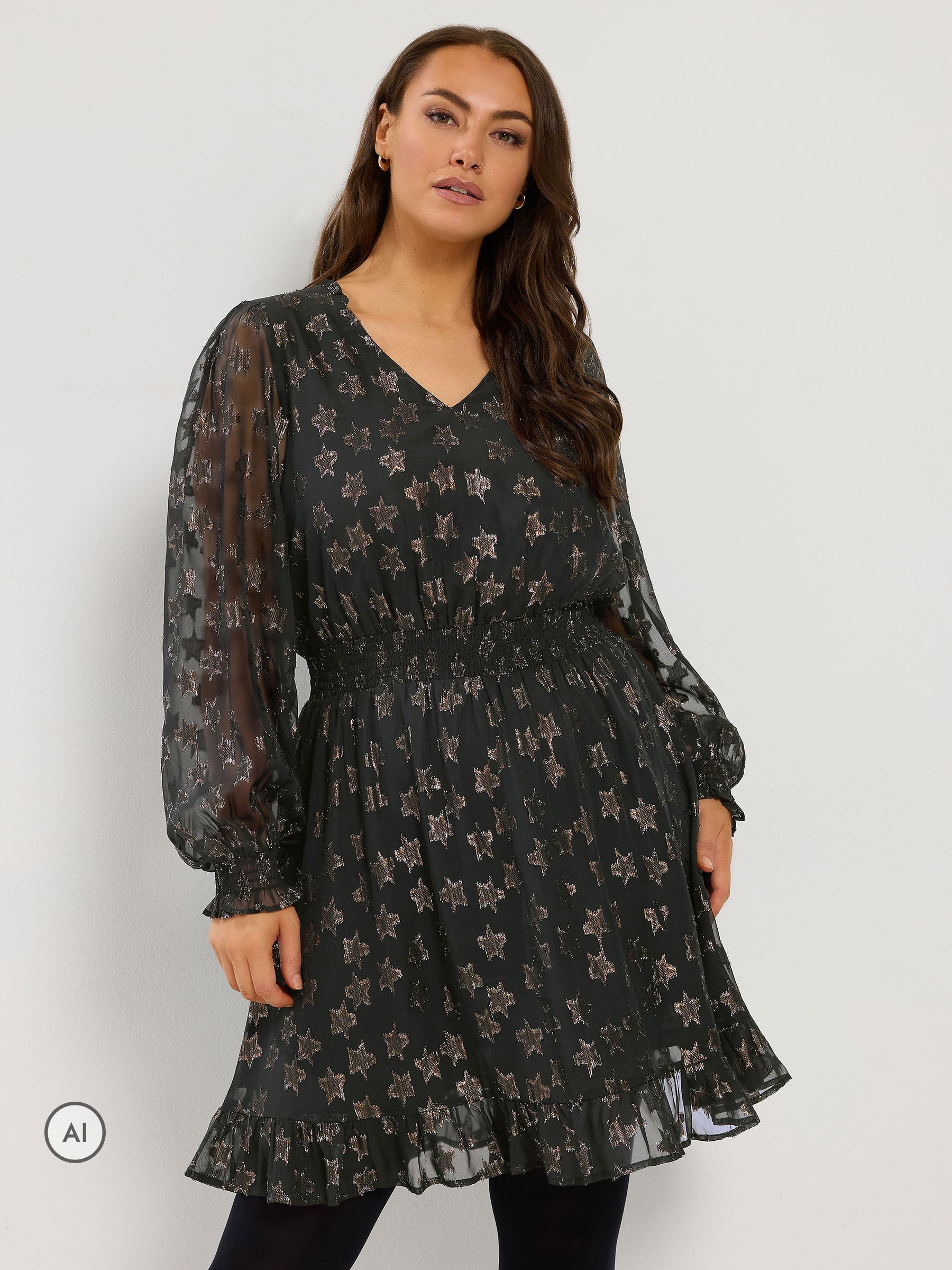 Yours Women's Metallic Star Print Mini Dress in Black | Size: 26-28 - Image 2