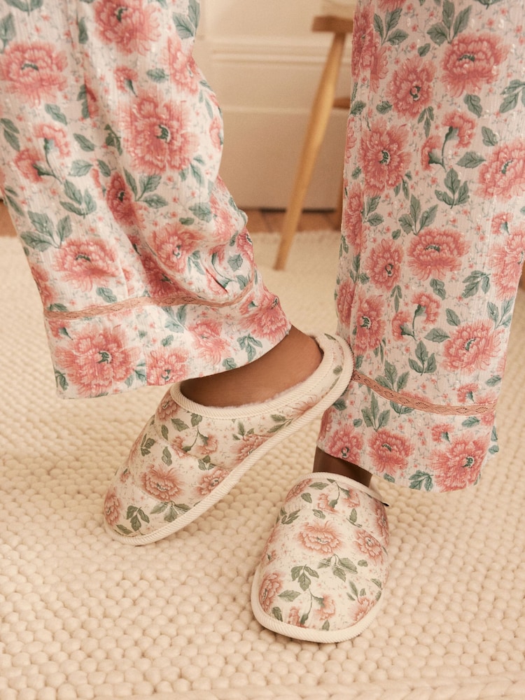 Laura Ashley Cream Wild Roses Print Quilted Mule Slippers - Image 1 of 9