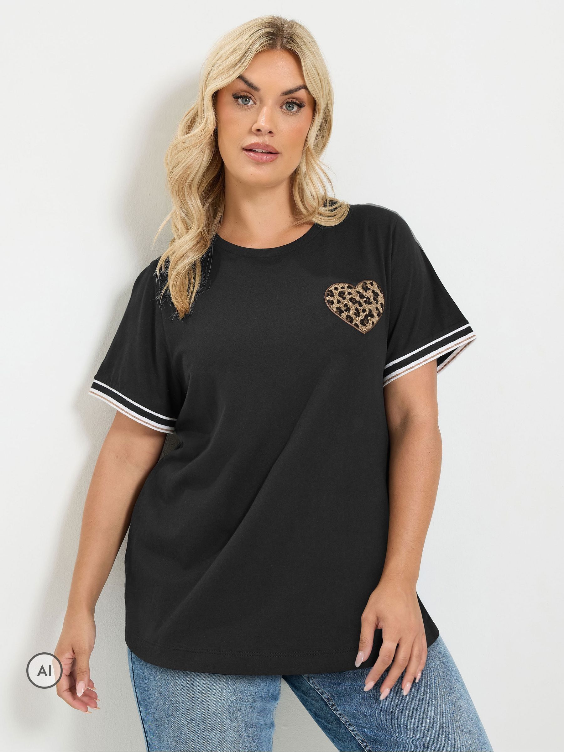 Yours Women's Black Boucle Leopard Heart Tee In | Size: 38-40 - Image 2