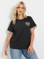 Yours Curve Black Varsity Bouclé Leopard Heart T-Shirt - Image 1 of 6