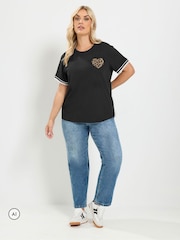 Yours Curve Black Varsity Bouclé Leopard Heart T-Shirt - Image 2 of 6