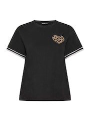 Yours Curve Black Varsity Bouclé Leopard Heart T-Shirt - Image 5 of 6